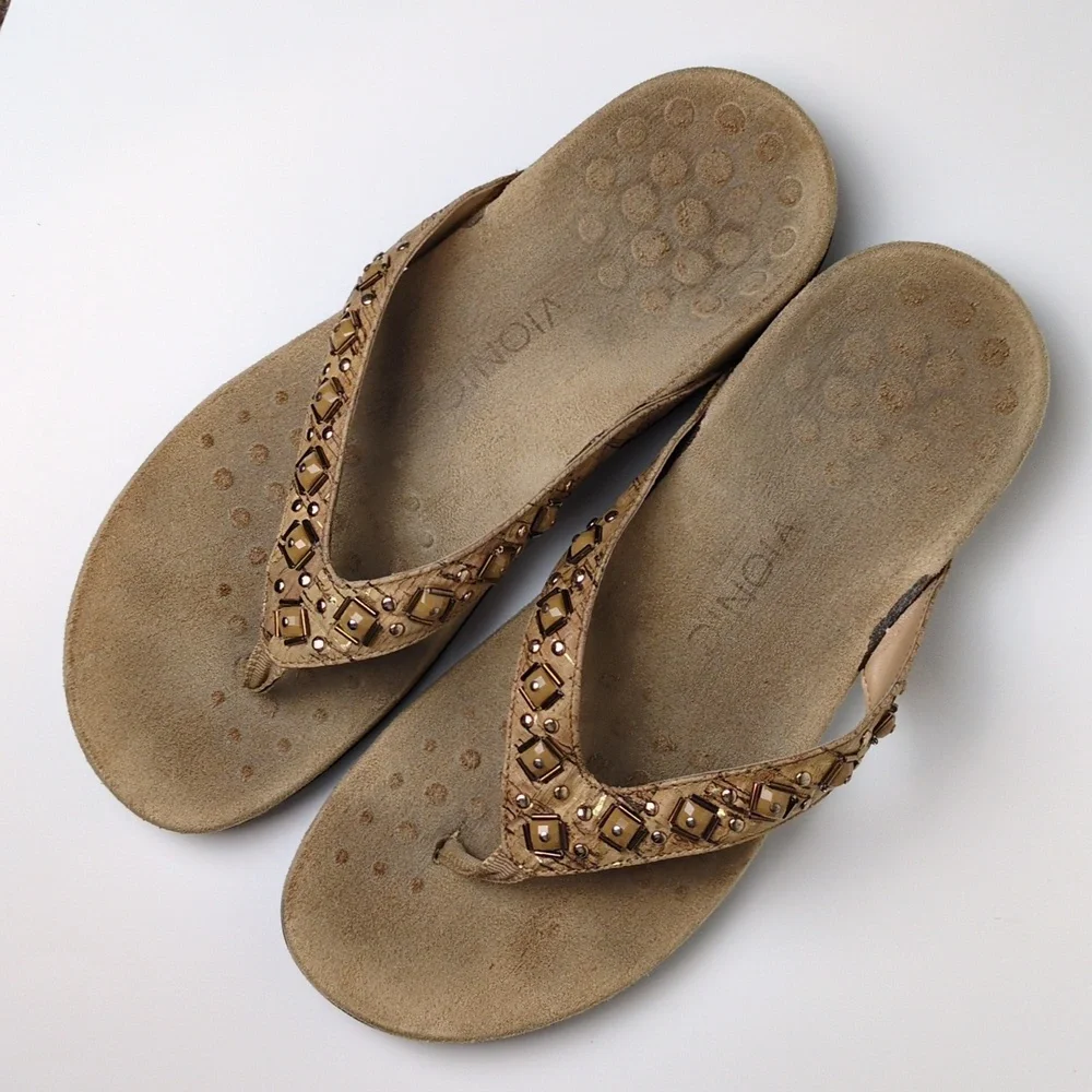 Vionic Floriana Tan Cork Embellished Suede Thong Flip Flop Sandals Women's 9